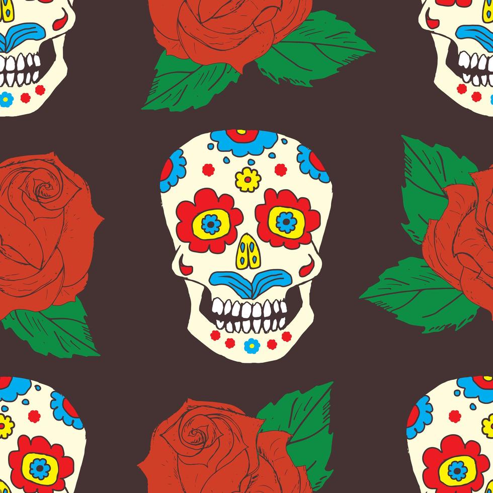 Día de los muertos de patrones sin fisuras, calaveras de azúcar dibujadas a mano y fondo de rosas, ilustración vectorial vector