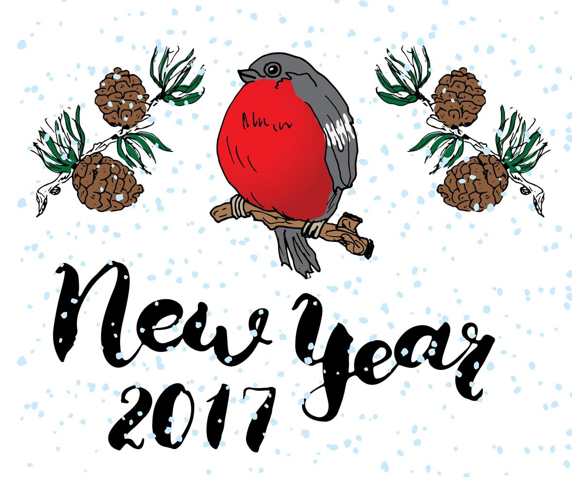 New year 2017 lettering. Hand drawn vector illustration with bird and pine tree branches.