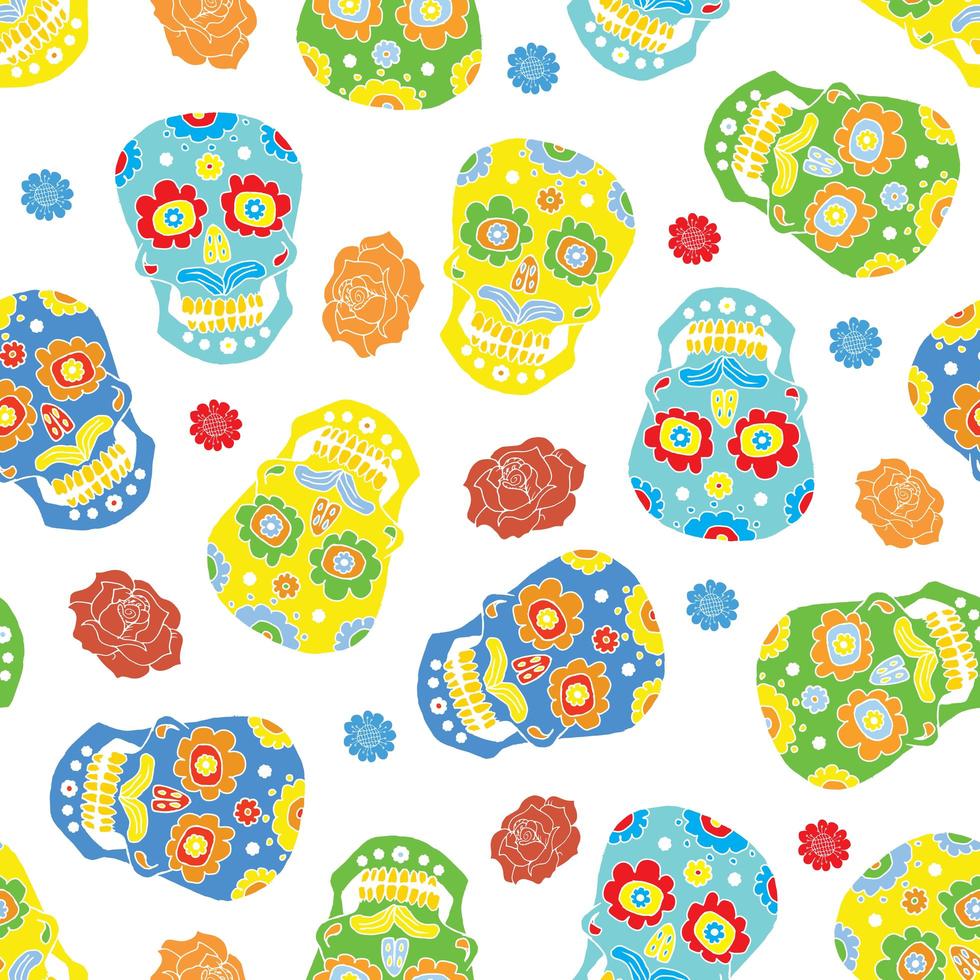 Day of the Dead seamless pattern, handdrawn sugar skulls and roses background, vector illustration