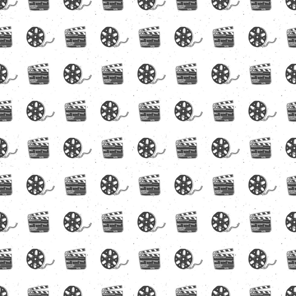 Cinema tape, film reel and clapperboard vintage seamless pattern, handdrawn sketch, retro movie and film industry, vector illustration