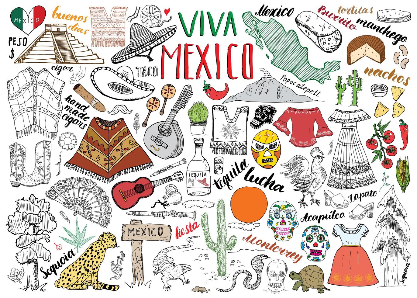 México dibujado a mano conjunto de bocetos ilustración vectorial pizarra vector