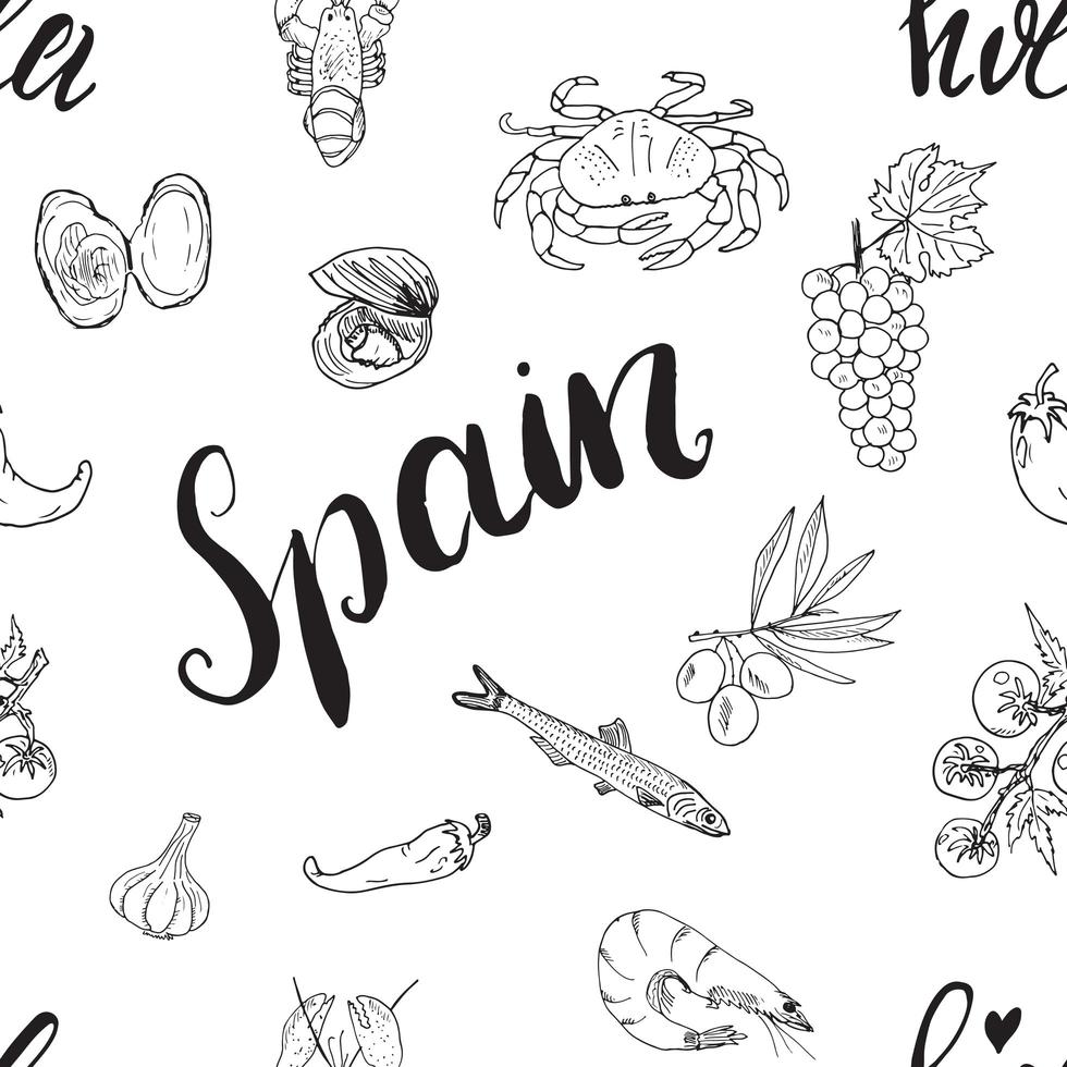 España de patrones sin fisuras doodle elementos, boceto dibujado a mano camarones de comida española, aceitunas, uva, bandera y letras. fondo de ilustración vectorial. vector