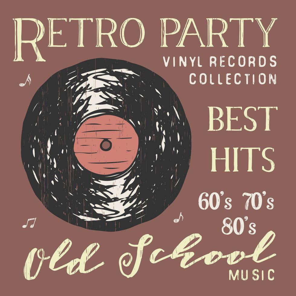 T-shirt design, retro party with vinyl record typography graphics, vector illustration