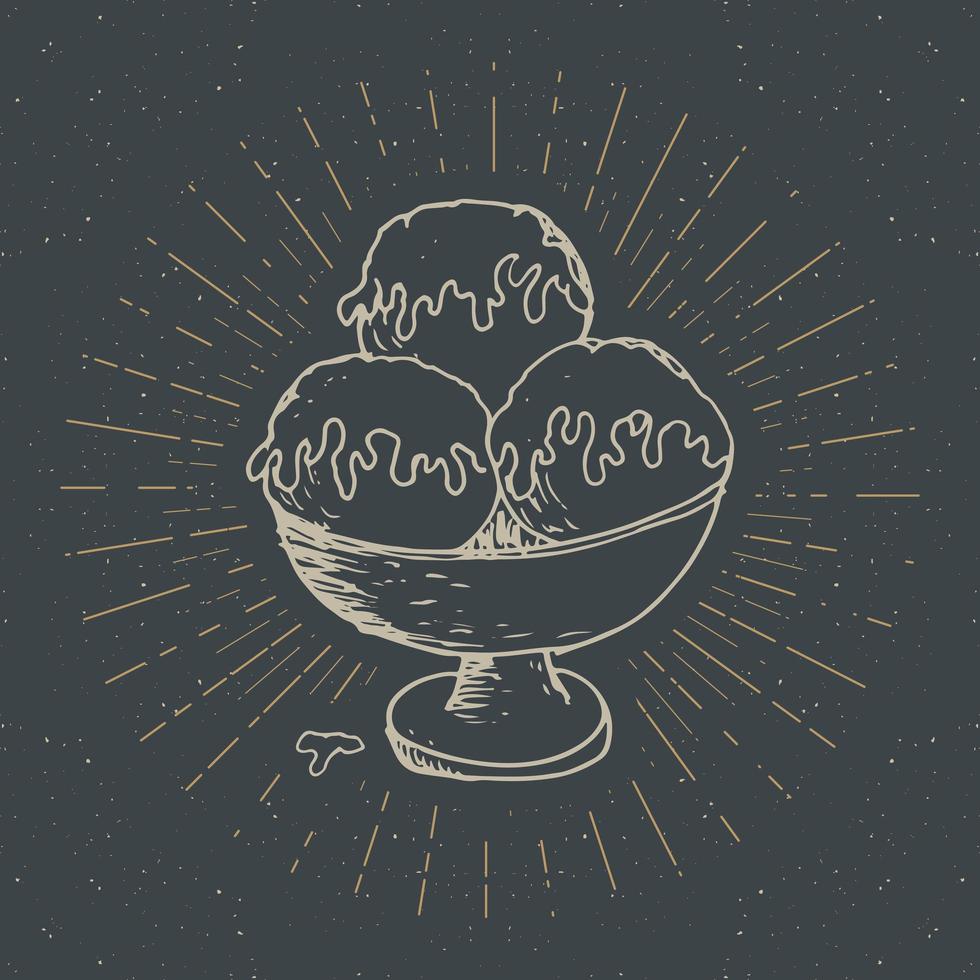 boceto de helado, etiqueta vintage, insignia texturizada grunge dibujada a mano, plantilla de logotipo retro, ilustración de vector de diseño de tipografía.