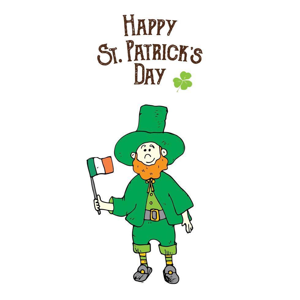 St Patricks Day hand drawn doodle leprechaun in a hat and a flag of Ireland in hand, vector illustration isolated on white
