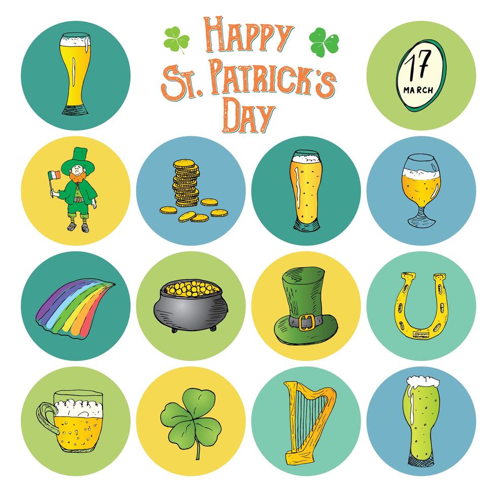 St Patricks Day hand drawn doodle icons set, with leprechaun, pot of gold coins, rainbow, beer, four leaf clover, horseshoe, celtic harp and flag of Ireland vector illustration isolated on white.
