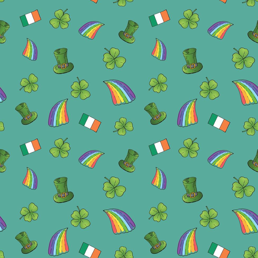 Día de San Patricio dibujado a mano doodle de patrones sin fisuras, con sombrero de duende, arco iris, trébol de cuatro hojas, bandera de Irlanda ilustración vectorial de fondo. vector