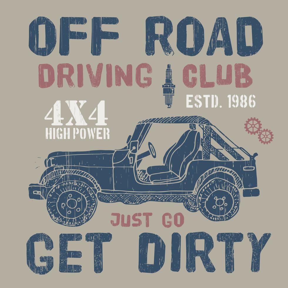 T-shirt design, offroad driving club with suv car typography graphics, vector illustration