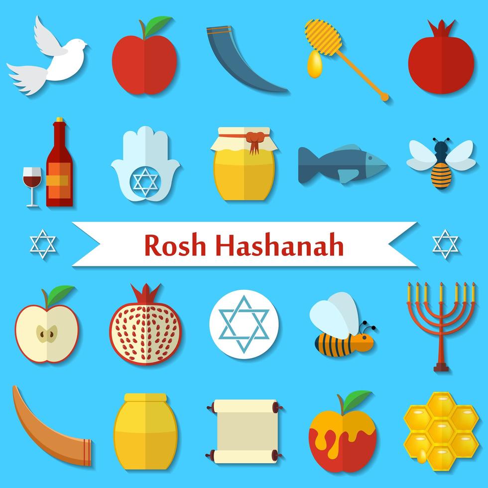 Rosh Hashanah, Shana Tova flat vector icons set