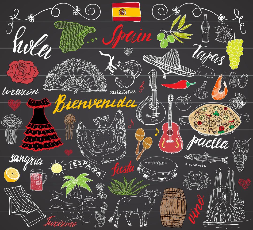 Spain doodles elements. Hand drawn set with spanish lettering, food paella, shrimp, olive, grape, fan, wine barrel, guitars, music instruments, dresses, bull, rose, flag and map. doodle on chalkboard vector