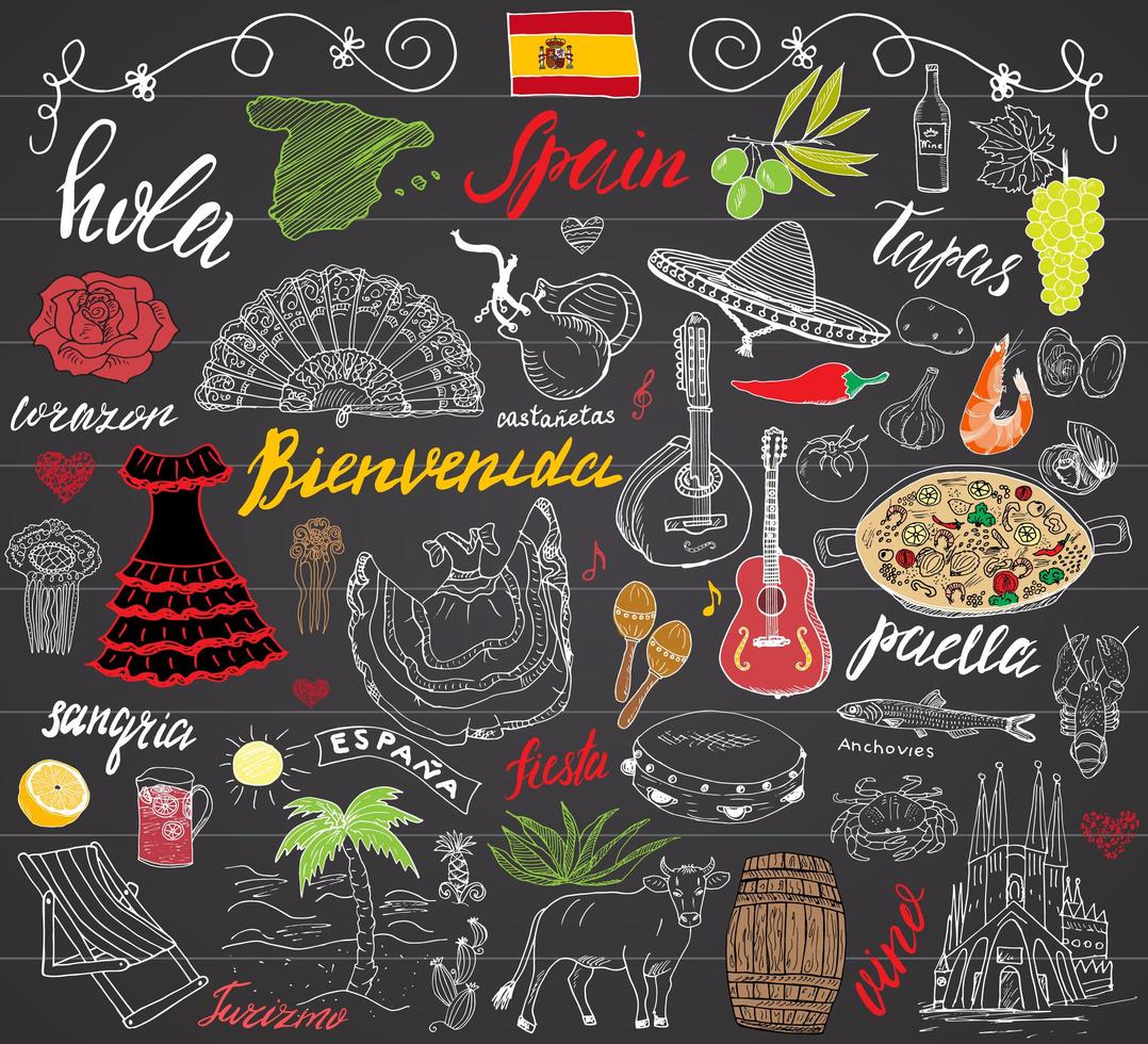 España garabatos elementos. conjunto dibujado a mano con letras españolas, paella de comida, camarón, aceituna, uva, abanico, barril de vino, guitarras, instrumentos musicales, vestidos, toro, rosa, bandera y mapa. garabato en pizarra vector