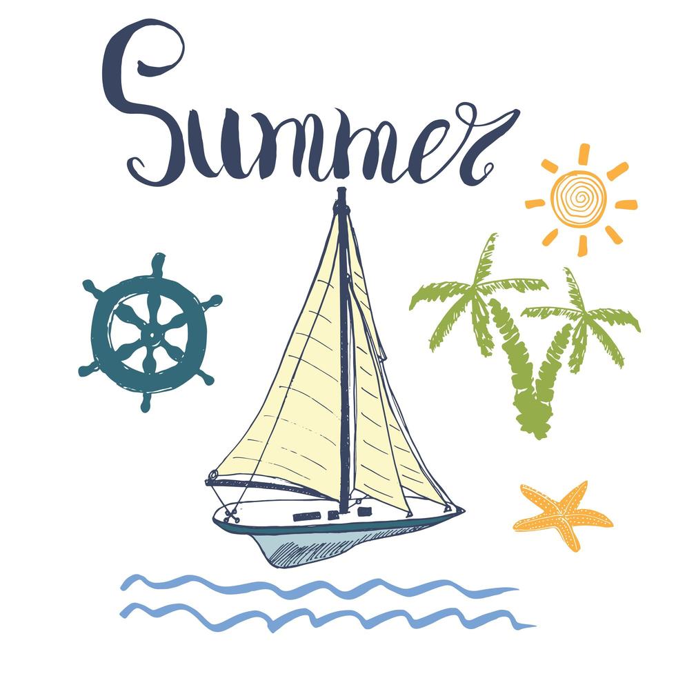 Ilustración de vector de verano, yate, ancla, objetos de la marina y letras.