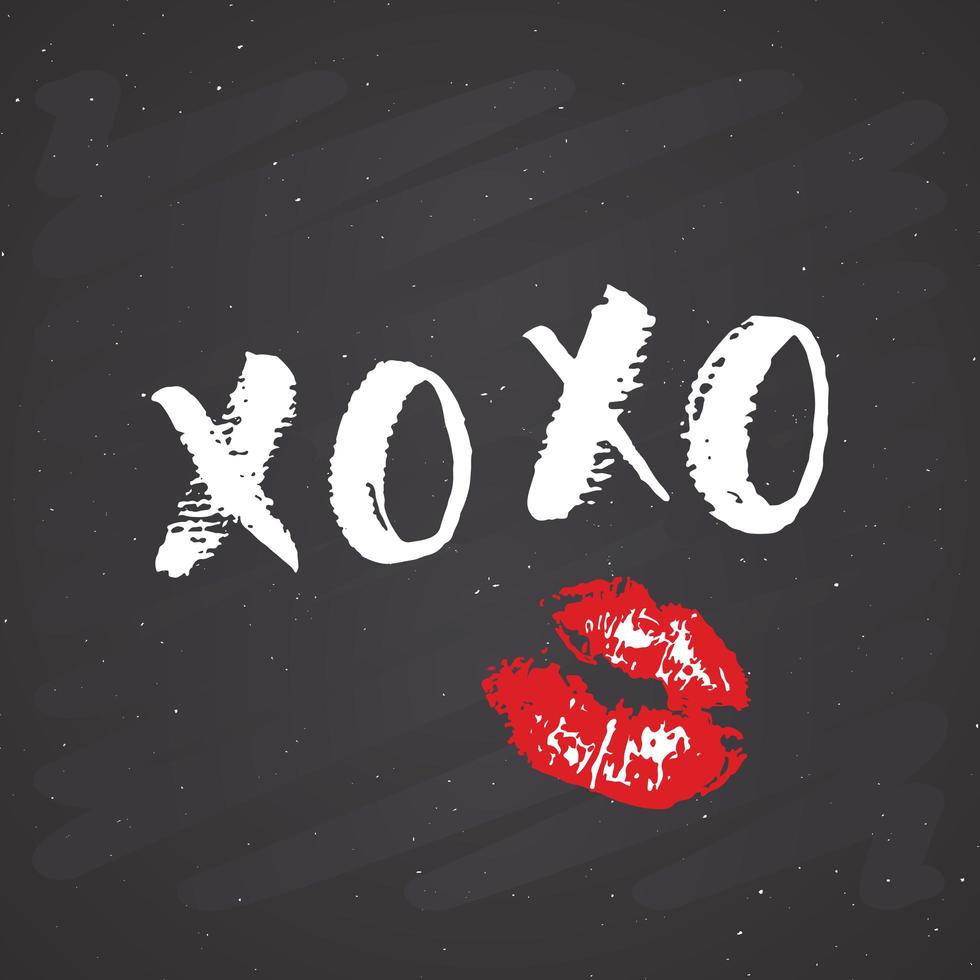 XOXO brush lettering sign, Grunge calligraphiv c hugs and kisses Phrase, Internet slang abbreviation XOXO symbols, vector illustration on chalkboard background