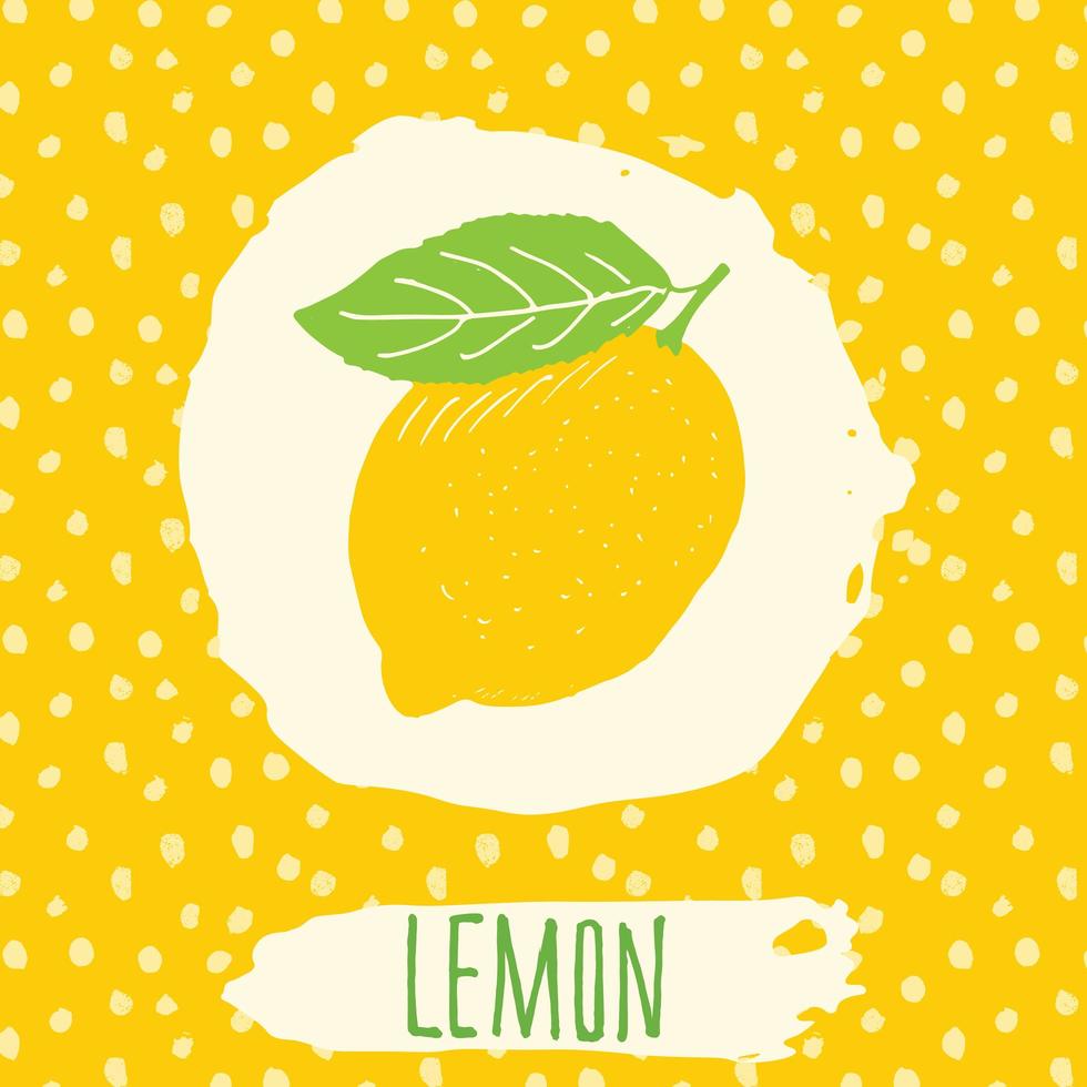 Lemon hand drawn sketched fruit with leaf on yellow background with dots pattern. Doodle vector lemon for logo, label, brand identity