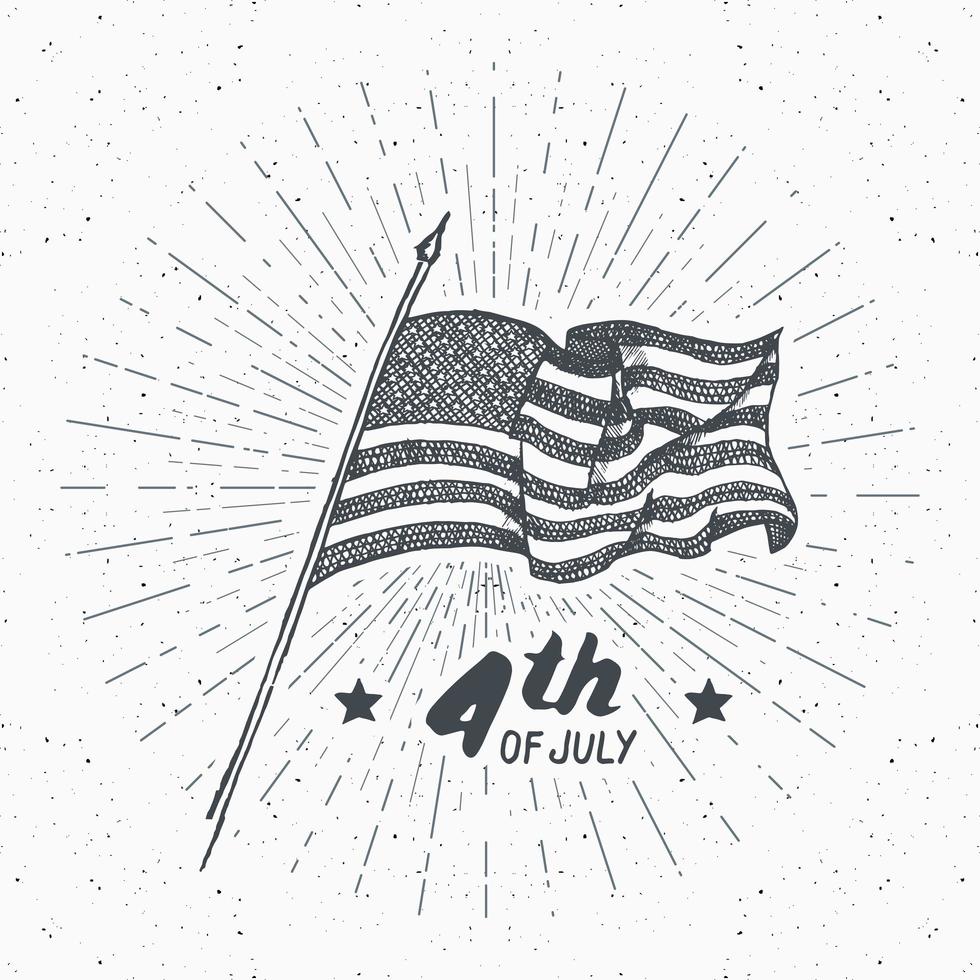 etiqueta vintage, bandera de Estados Unidos dibujada a mano, feliz día de la independencia, celebración del 4 de julio, tarjeta de felicitación, insignia retro con textura grunge, ilustración de vector de diseño de tipografía