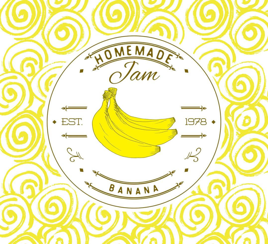 plantilla de diseño de etiqueta de mermelada. para postre de plátano con frutas y fondo esbozados a mano. Doodle vector banana ilustración identidad de marca