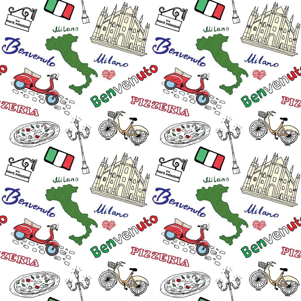 Milán Italia de patrones sin fisuras con elementos de boceto dibujados a mano Catedral del Duomo, bandera, mapa, pizza, transporte y comida tradicional. dibujo ilustración de vector de doodle, aislado en blanco