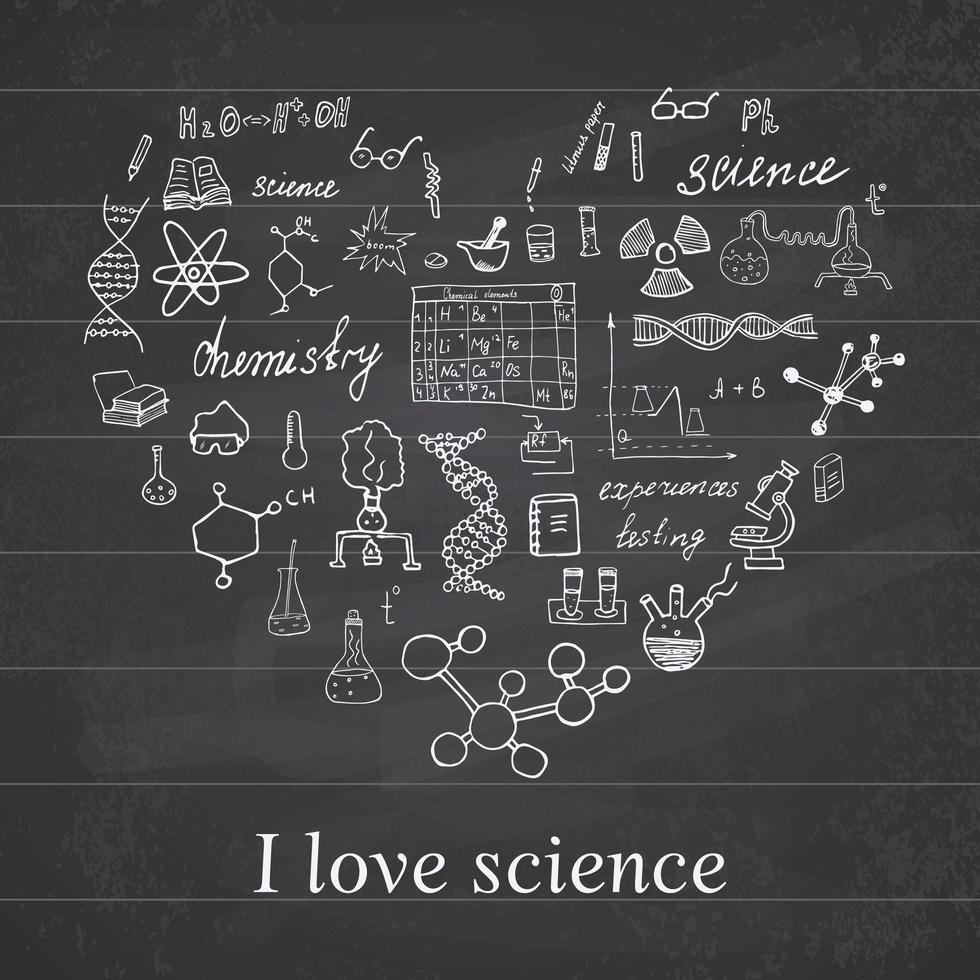 Chemistry and sciense elements doodles icons set. Hand drawn sketch with microscope, formulas, experiments equpment, analysis tools, vector illustration on chalkboard background