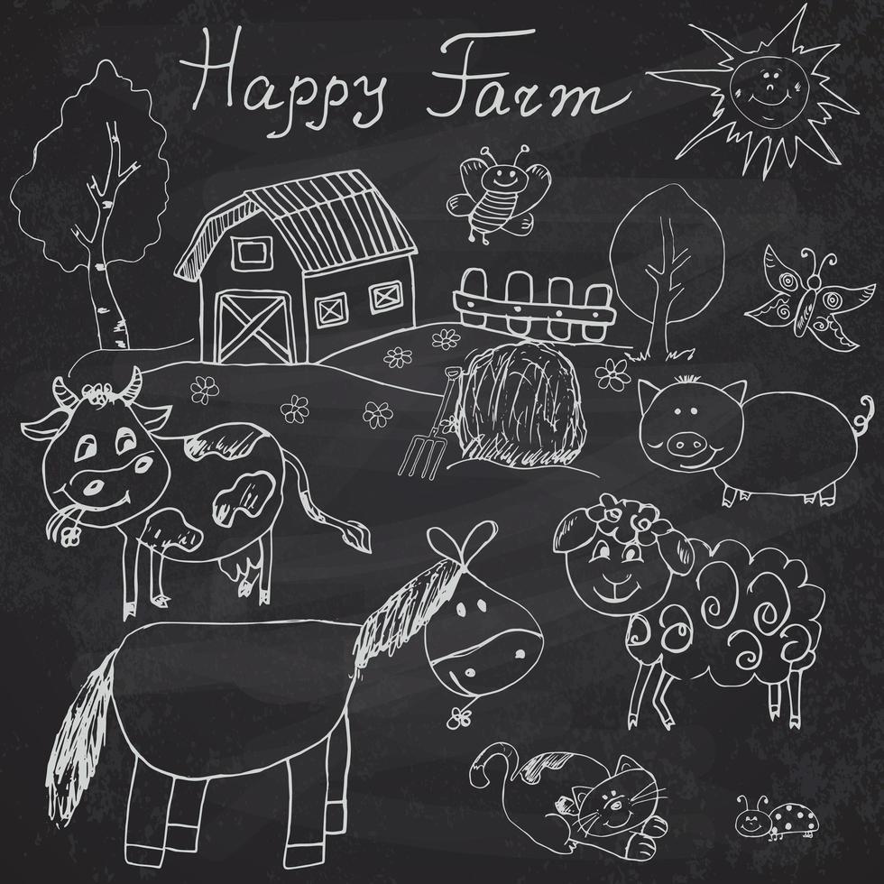 Happy farm doodles icons set. Hand drawn sketch with horse, cow, sheep pig and barn. childlike cartoony sketchy vector illustration on chalkboard background