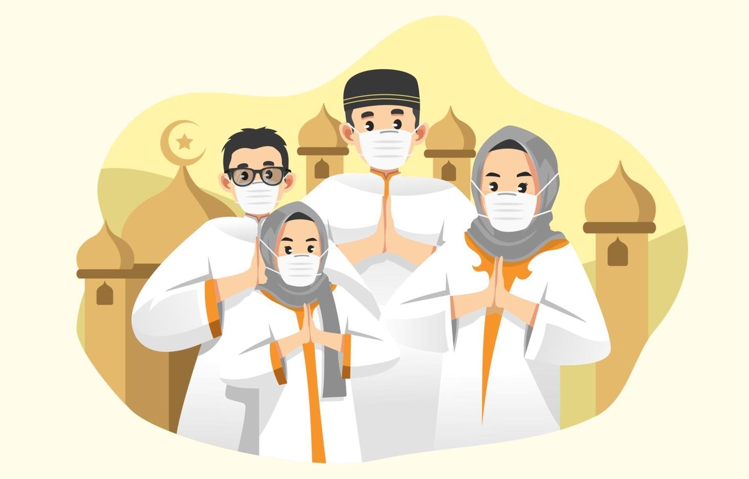 familia con máscara para eid al adha vector