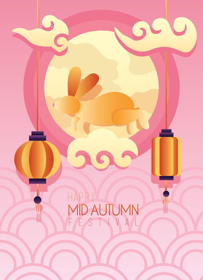 happy mid autumn festival lettering poster with rabbit and lanterns in fullmoon vector