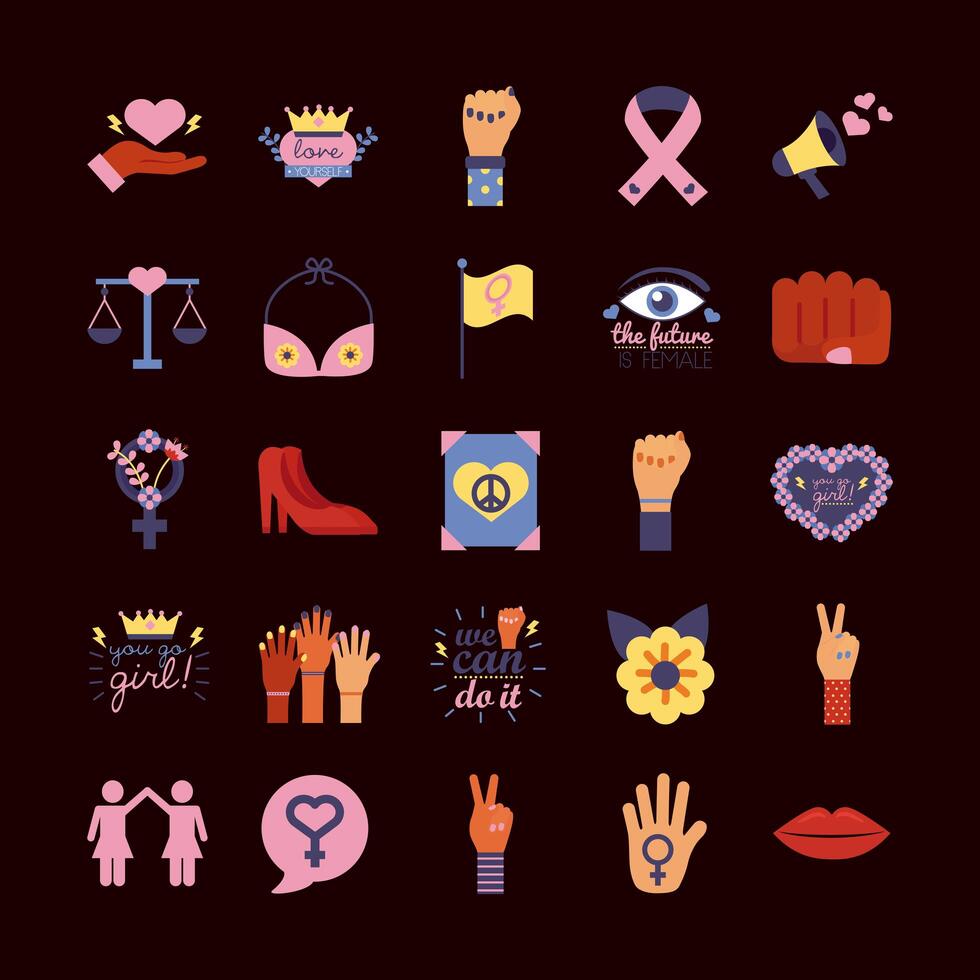 bundle of twenty five feminism flat style icons vector