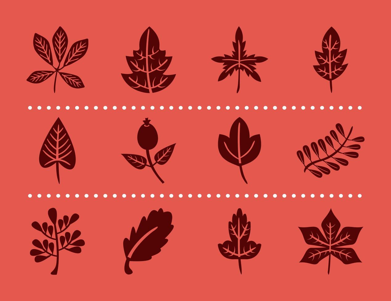 bundle of twelve autumn leaves silhouette style icons vector