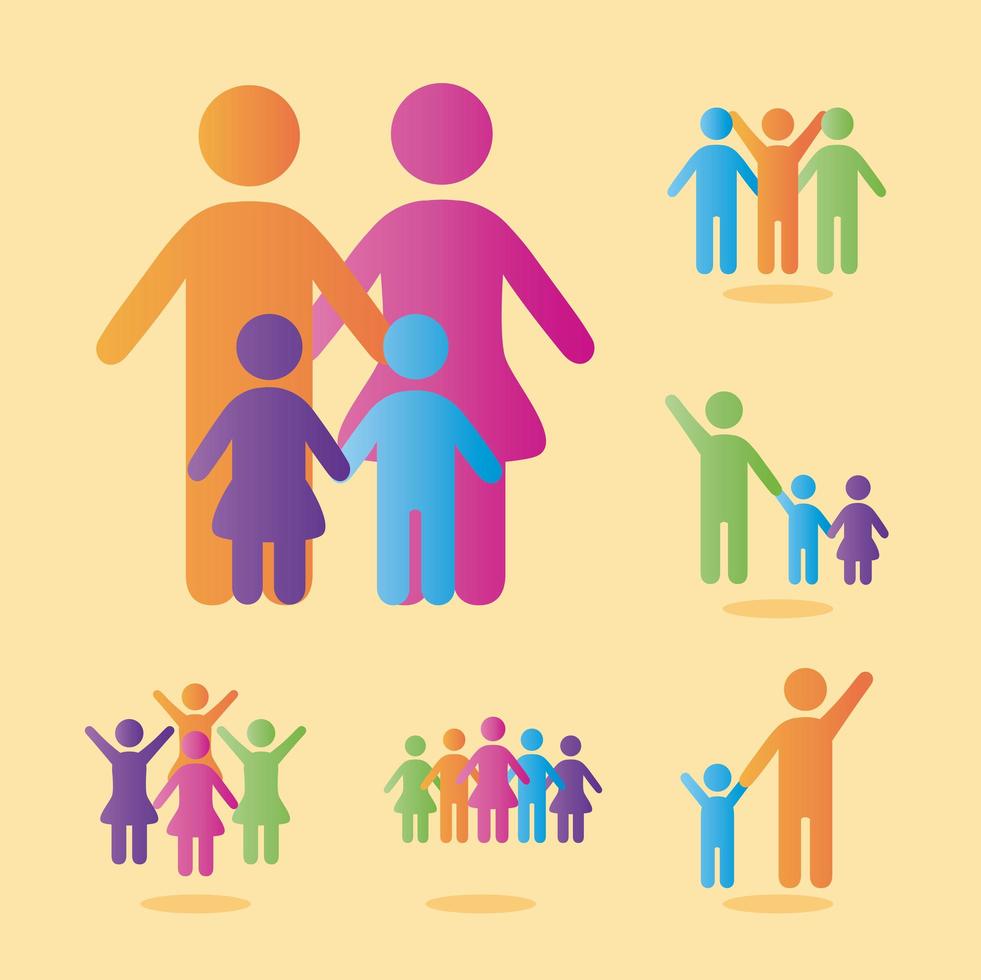 bundle of community and family figures in yellow background degradient style icons vector