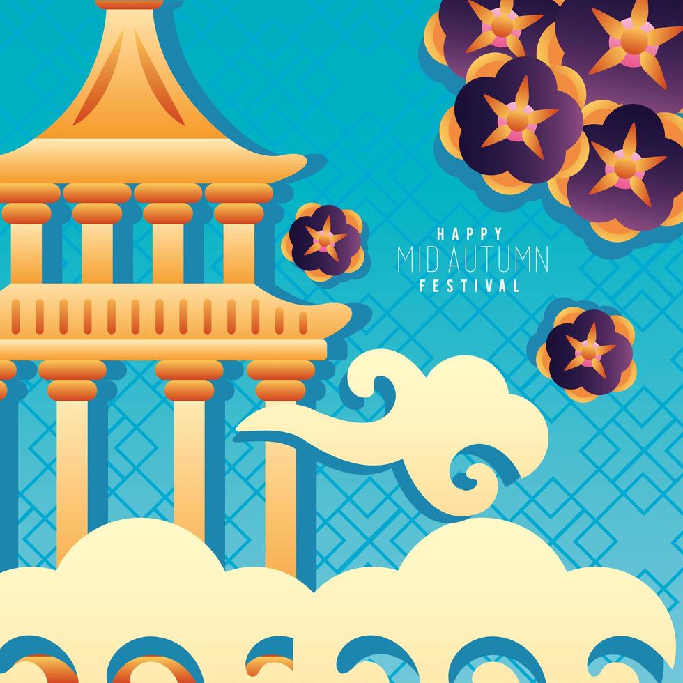 happy mid autumn festival lettering poster with castle and flowers in clouds vector