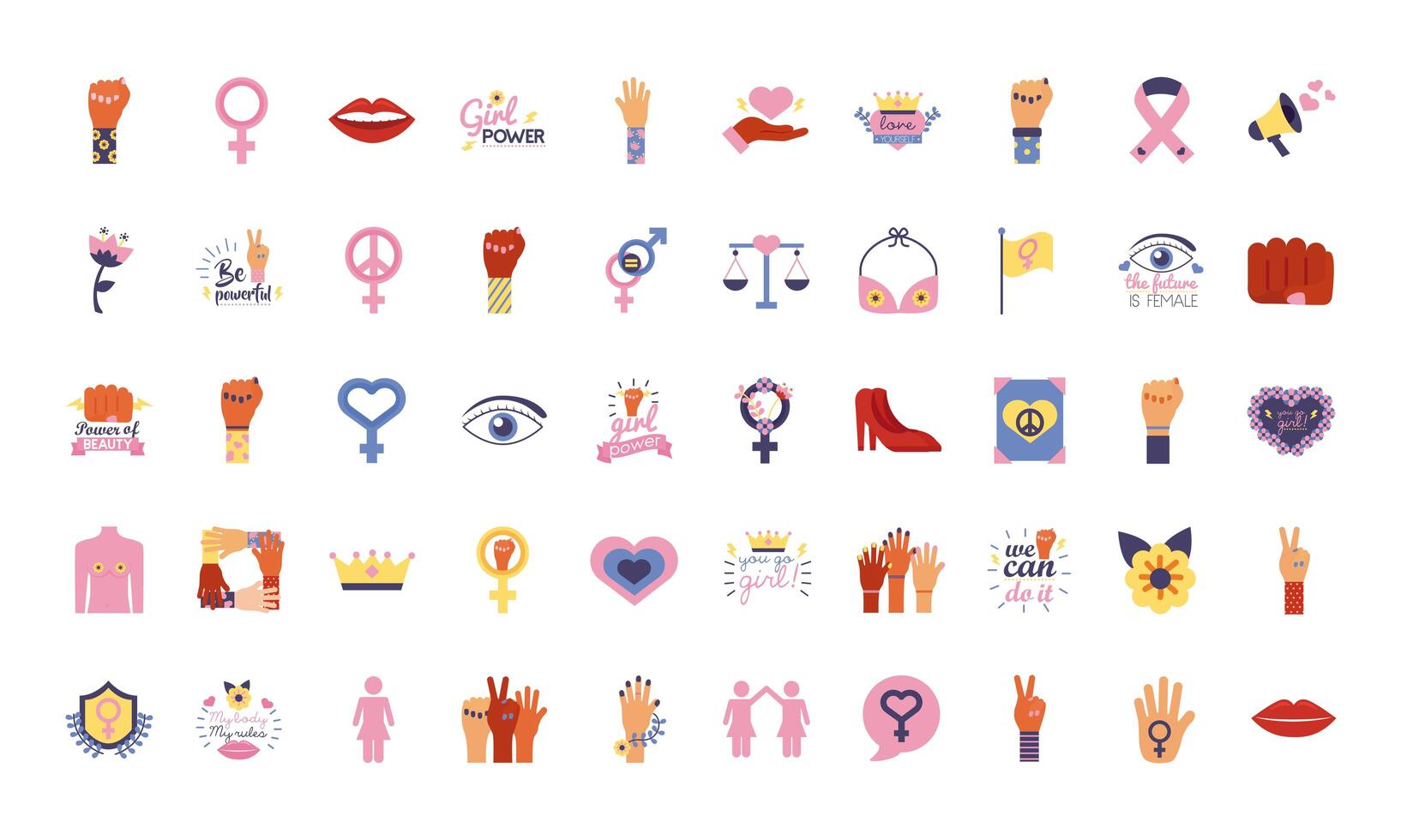 bundle of fifty feminism flat style icons vector