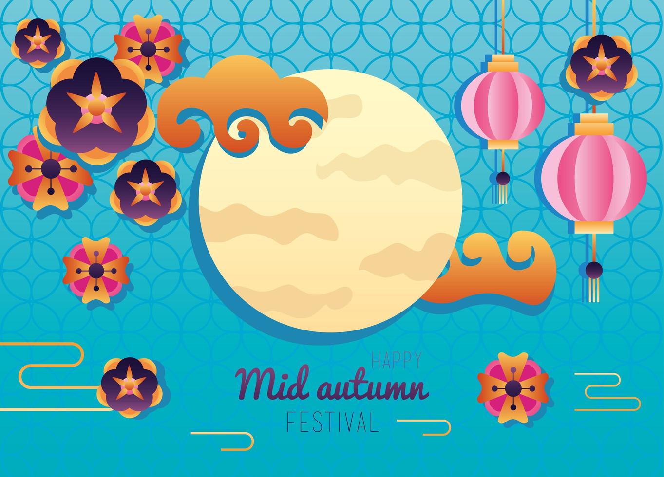 happy mid autumn festival lettering poster with moon and lanterns hanging vector
