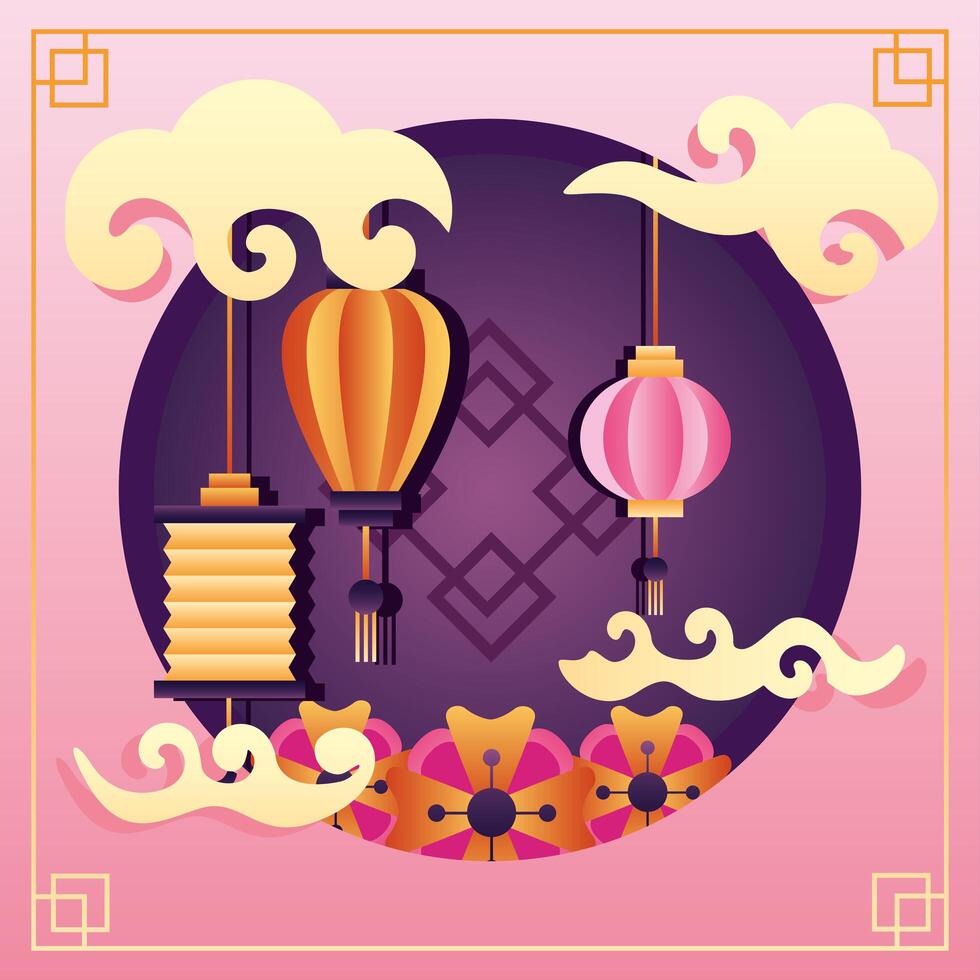 happy mid autumn festival poster with lanterns hanging and clouds vector