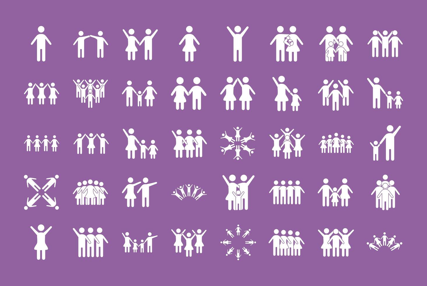 bundle of community and family figures in purple background line style icons vector