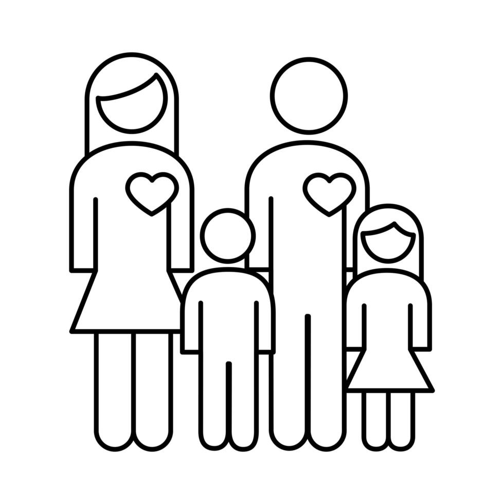 family parents couple with kids and hearts figures style line icon vector