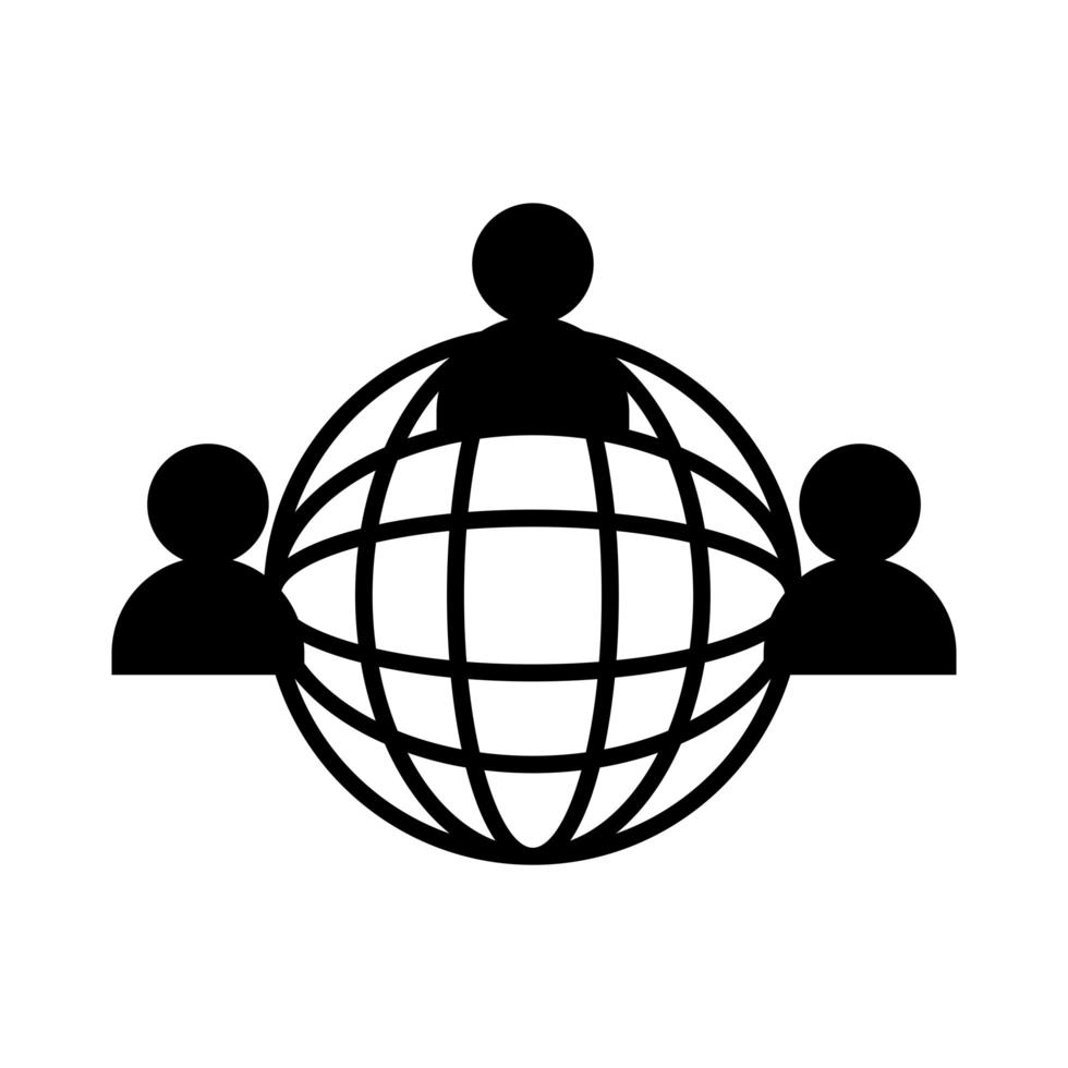 esfera planeta con icono de estilo de silueta de personas de trabajo en equipo vector