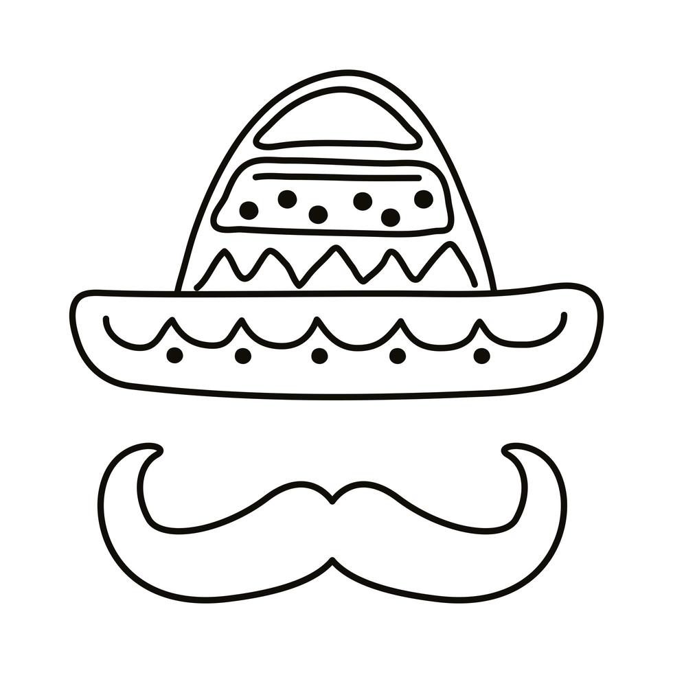 sombrero mexicano tradicional con icono de estilo de línea de bigote vector