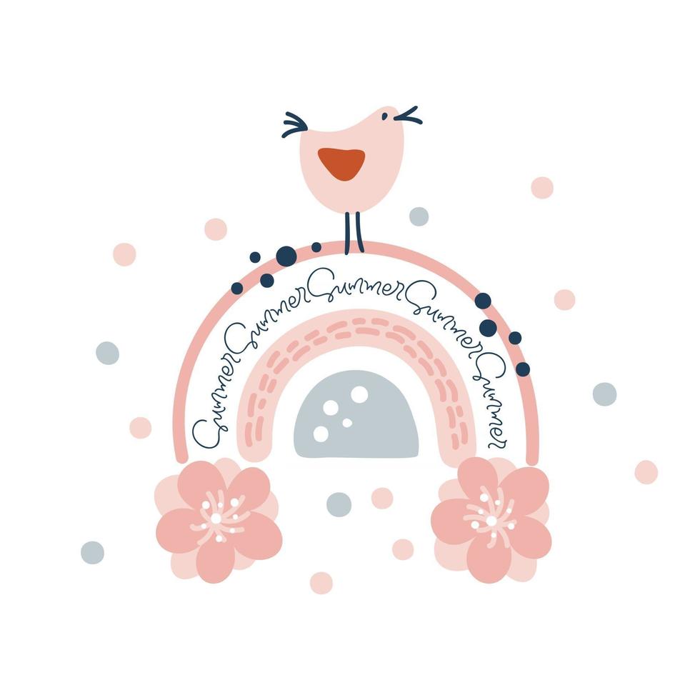 Vector spring rainbow with flowers bouquet dots and bird above