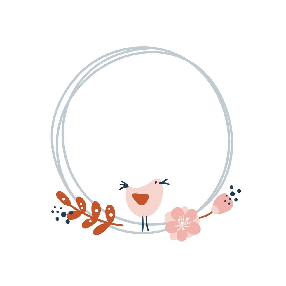 Floral Vector geometric round frame with floral bouquet and bird illustration