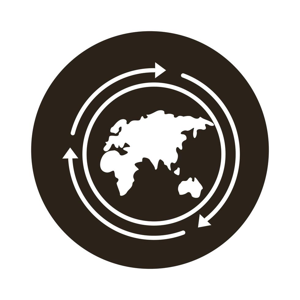 world planet earth with old continents and arrows block style icon vector