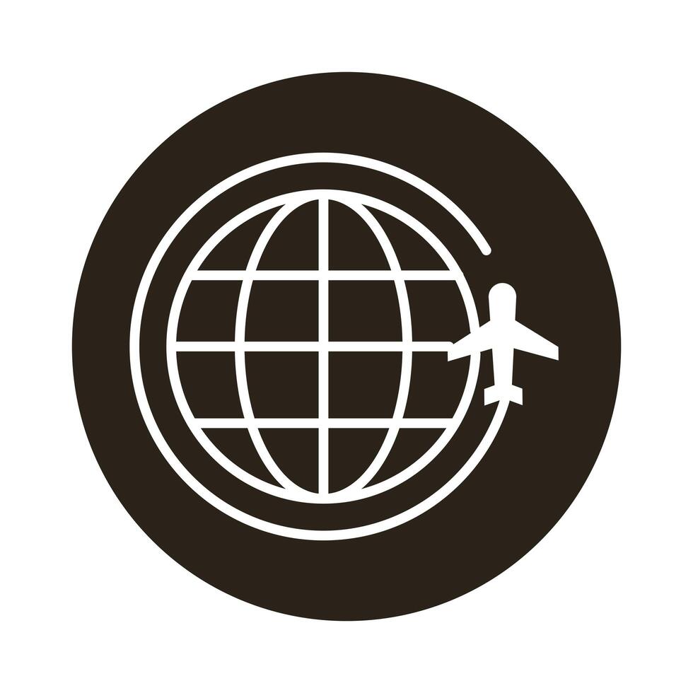 sphere world planet with airplane flying around block style icon vector