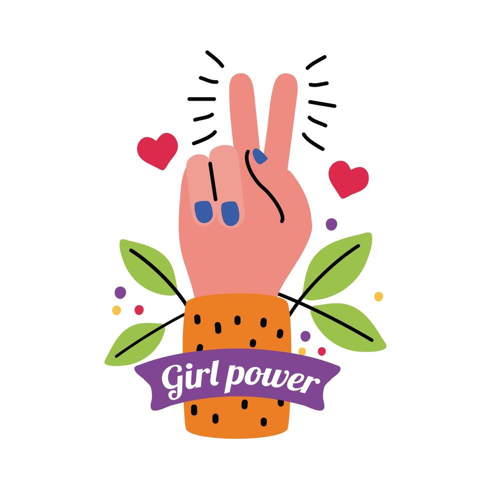 Girl power love and peace hand with leaves and hearts vector design