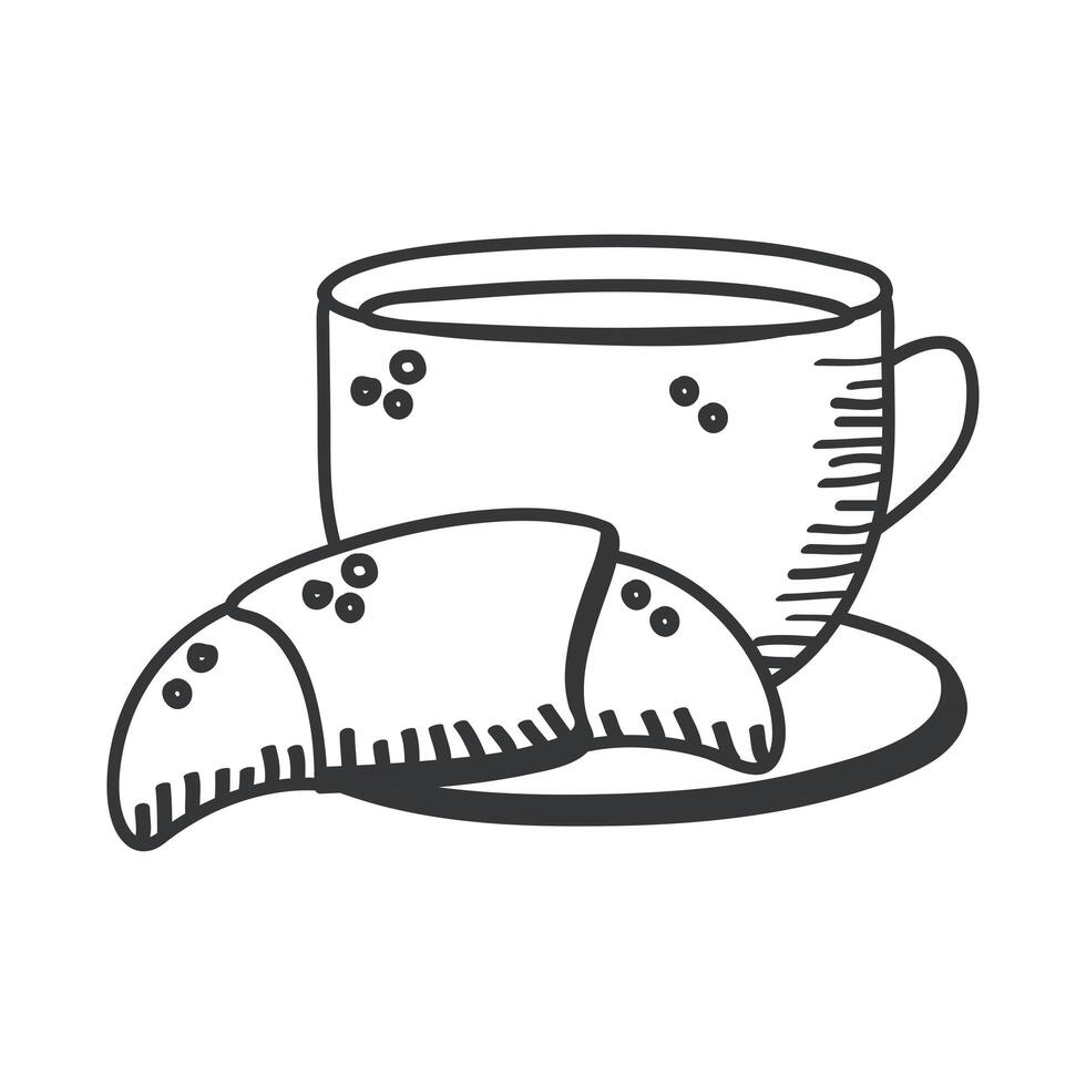 desayuno taza de café con croissant pan mano dibujar y estilo de línea icono de diseño vectorial vector