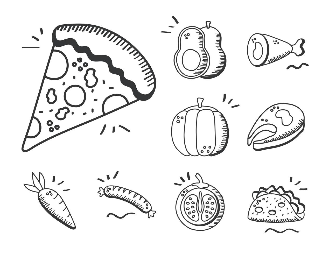 comida mano dibujar y estilo de línea colección de iconos diseño vectorial vector