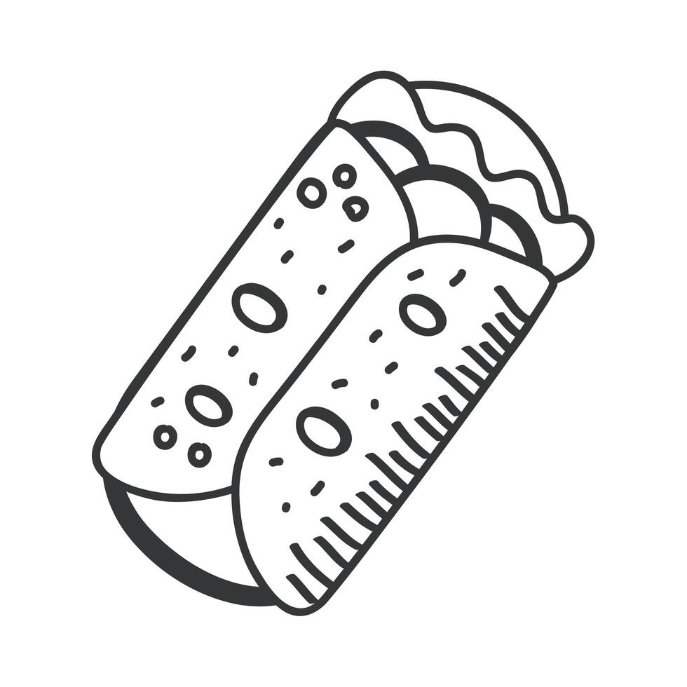 Dibujar a mano burrito y diseño de vector de icono de estilo de línea