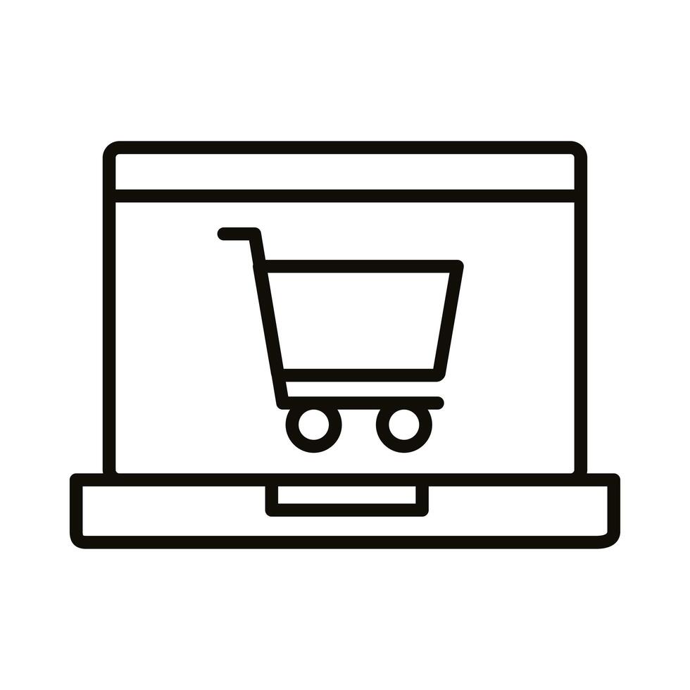 carrito de compras con icono de estilo de línea portátil vector