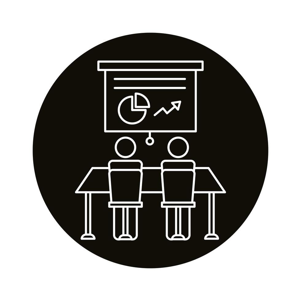 avatars couple coworking with paperboard and statistics line style icon vector