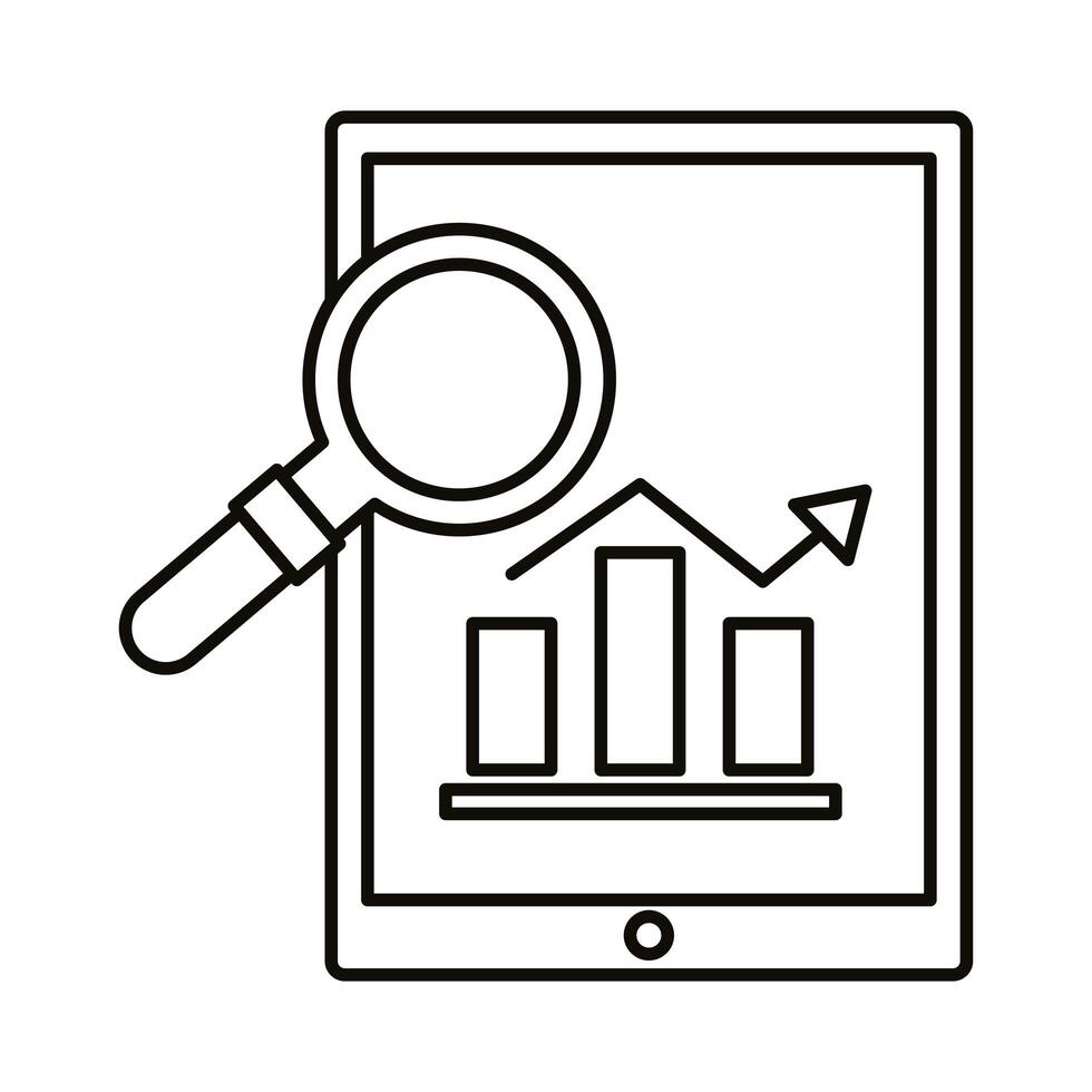 Digital marketing bars chart in tablet with lupe line style icon vector design