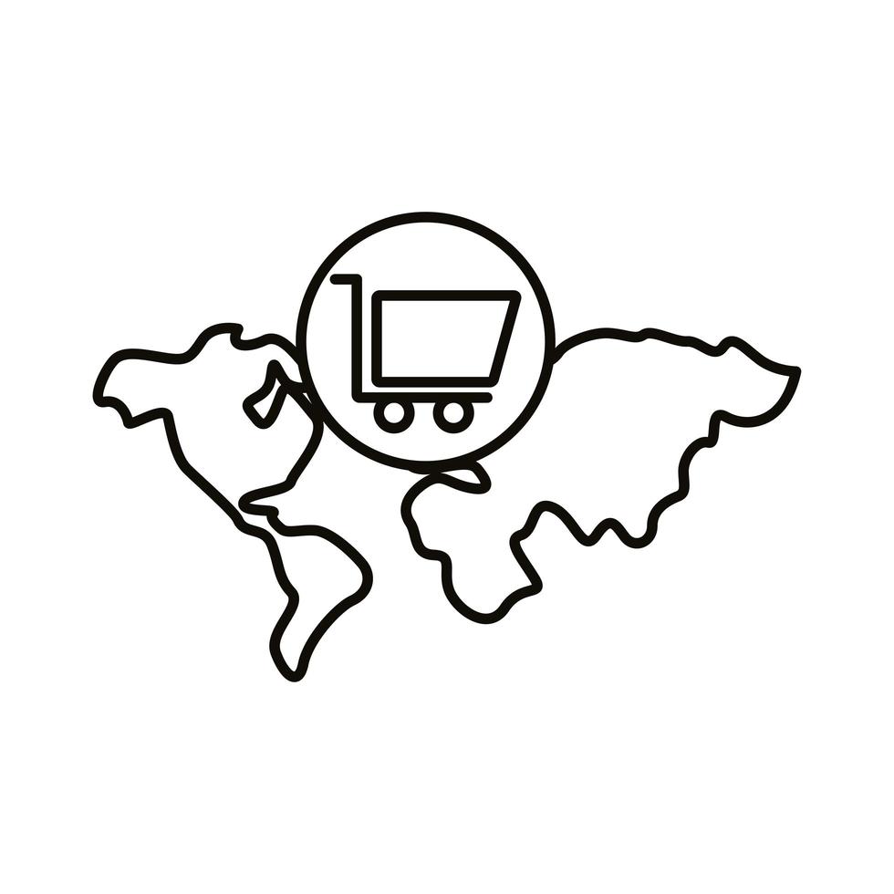Carro de marketing digital en diseño de vector de icono de estilo de línea de mapa mundial