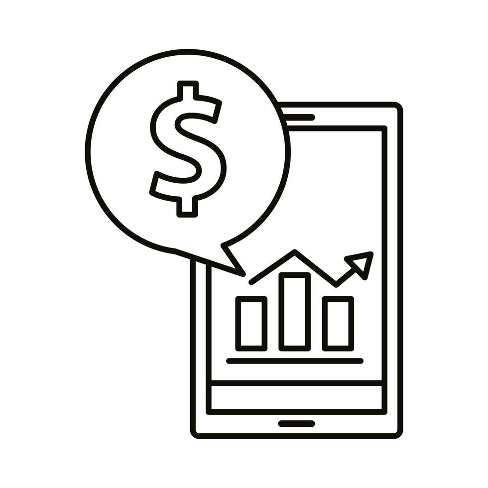 Digital marketing bars chart in smartphone with money bubble line style icon vector design