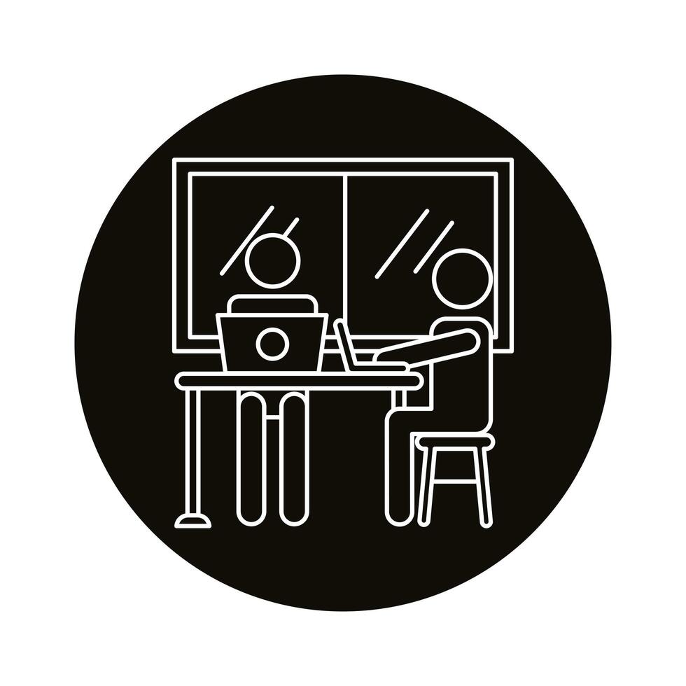 avatars couple coworking in laptops in the office line style icon vector